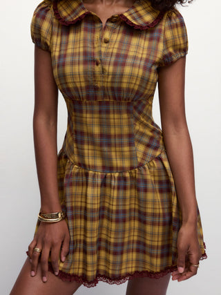 Plaid Peter Pan Collar Puff Sleeve Lace Trim Low Rise Mini Dress
