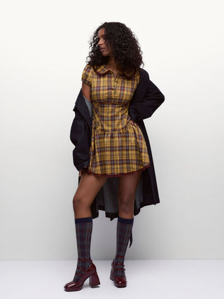 Plaid Peter Pan Collar Puff Sleeve Lace Trim Low Rise Mini Dress