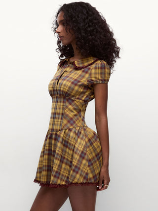 Plaid Peter Pan Collar Puff Sleeve Lace Trim Low Rise Mini Dress