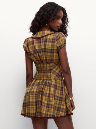 Plaid Peter Pan Collar Puff Sleeve Lace Trim Low Rise Mini Dress