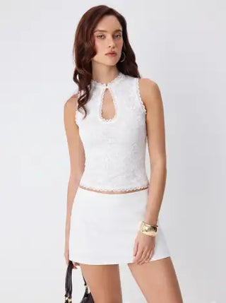 Lace Cut Out Halter Neck Top & Low Rise A-line Mini Skirt Set