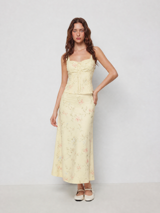 Floral Square Neck Drawstring Tank Top & Mid Rise Maxi Skirt Set