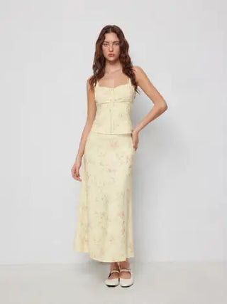 Floral Square Neck Drawstring Tank Top & Mid Rise Maxi Skirt Set