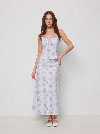Floral Square Neck Drawstring Tank Top & Mid Rise Maxi Skirt Set