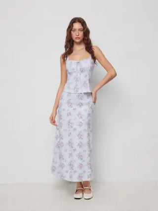 Floral Square Neck Drawstring Tank Top & Mid Rise Maxi Skirt Set