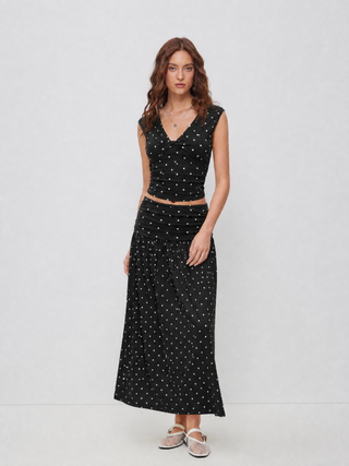 V-neck Twist Ruched Top & Mid Rise Ruched Flared Maxi Skirt Set