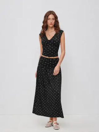 V-neck Twist Ruched Top & Mid Rise Ruched Flared Maxi Skirt Set