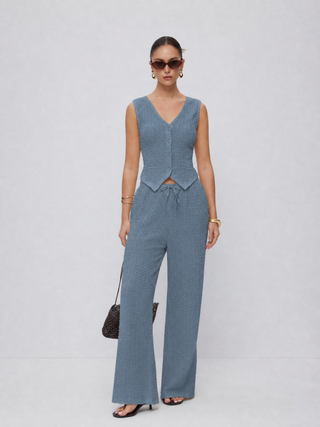 Textured V-neck Vest & Mid Rise Drawstring Wide Leg Trousers Set