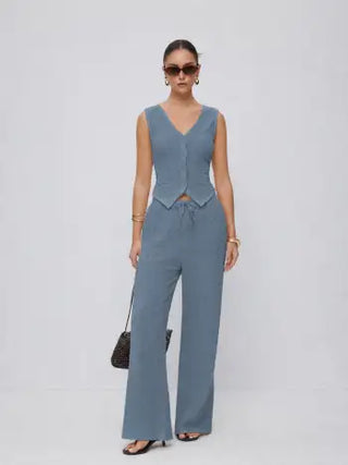 Textured V-neck Vest & Mid Rise Drawstring Wide Leg Trousers Set