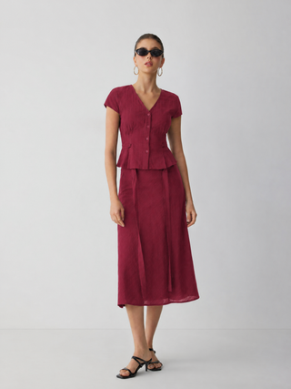 Cotton V-Neck Button Front Peplum Top & Mid Rise A-line Maxi Skirt Set With Belt