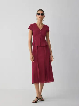 Cotton V-Neck Button Front Peplum Top & Mid Rise A-line Maxi Skirt Set With Belt