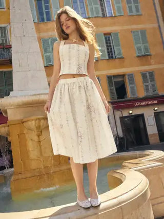 Textured Floral Square Neck Corset Top & Mid Rise Flared Midi Skirt Set