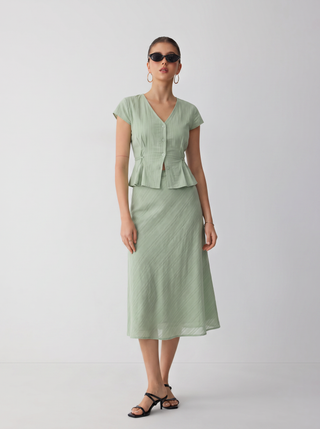 Cotton V-Neck Button Front Peplum Top & Mid Rise A-line Maxi Skirt Set With Belt