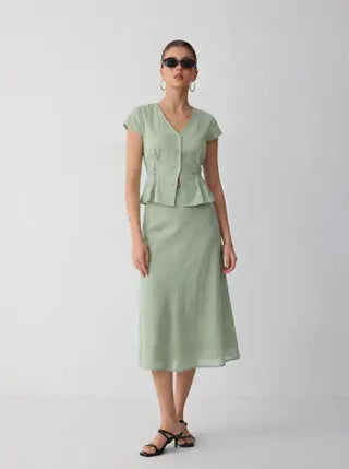 Cotton V-Neck Button Front Peplum Top & Mid Rise A-line Maxi Skirt Set With Belt