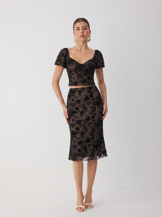 Mesh Sweetheart Floral Lace Ruffled Top & Lettuce Trim Mermaid Maxi Skirt Set
