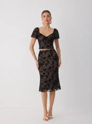 Mesh Sweetheart Floral Lace Ruffled Top & Lettuce Trim Mermaid Maxi Skirt Set