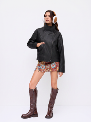 Faux Leather Collar Zip Through Oversized Jacket