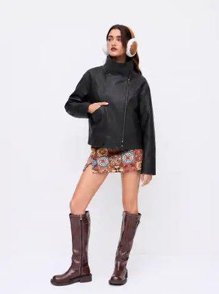 Faux Leather Collar Zip Through Oversized Jacket