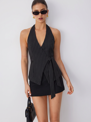 Striped Halter Neckline Twist Knotted Longline Blazer Vest