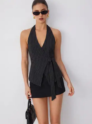 Striped Halter Neckline Twist Knotted Longline Blazer Vest