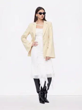 Notched Collar Bell Sleeve Button Blazer