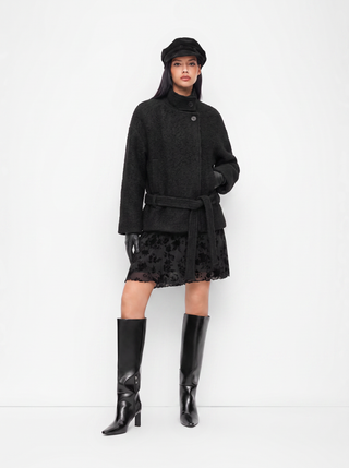 Wool-look Stand Collar Long Sleeve Jacket With Belt