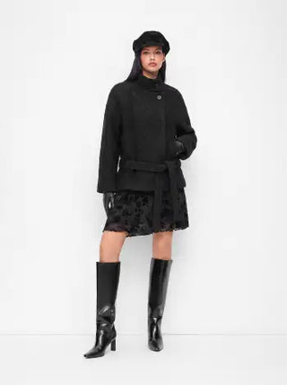 Wool-look Stand Collar Long Sleeve Jacket With Belt