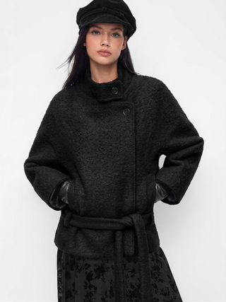 Wool-look Stand Collar Long Sleeve Jacket With Belt