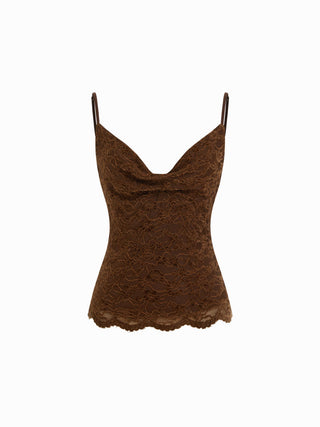 Lace Cowl Neck Ruffled Backless Cami Top With Chain