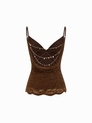 Lace Cowl Neck Ruffled Backless Cami Top With Chain