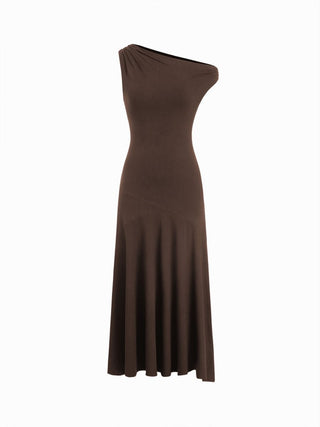 Asymmetrical Neck Ruched Maxi Dress