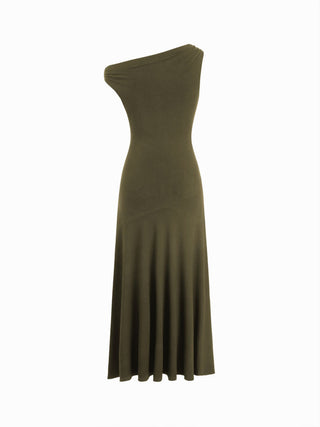 Asymmetrical Neck Ruched Maxi Dress