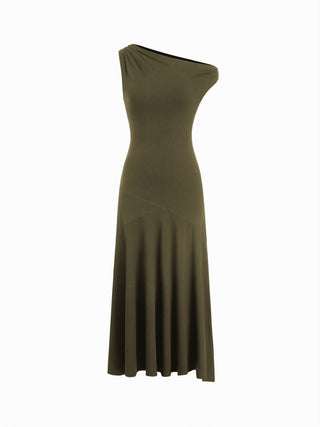 Asymmetrical Neck Ruched Maxi Dress