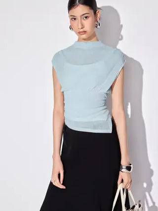 High Neck Ruched Asymmetrical Sheer Short Sleeve Top
