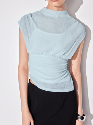 High Neck Ruched Asymmetrical Sheer Short Sleeve Top