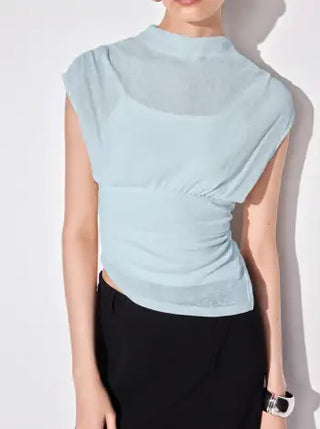 High Neck Ruched Asymmetrical Sheer Short Sleeve Top