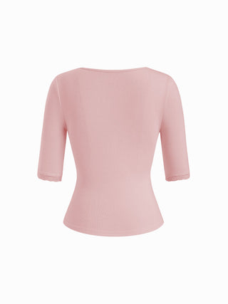V-neck Middle Sleeve Lace Trim Tie Front Top