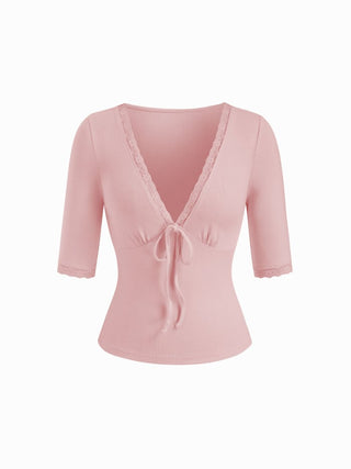 V-neck Middle Sleeve Lace Trim Tie Front Top