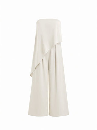 Satin Strapless Asymmetrical Mid Rise Oversized Wide Leg Jumpsuit