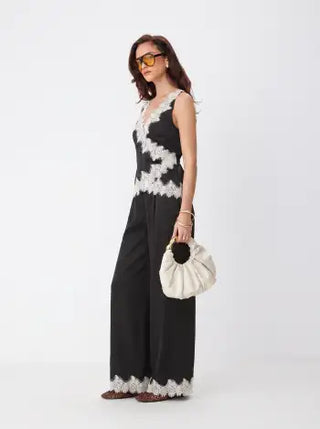 Satin V-Neck Lace Trim Wrap Top & Mid Rise Wide Leg Trousers Set