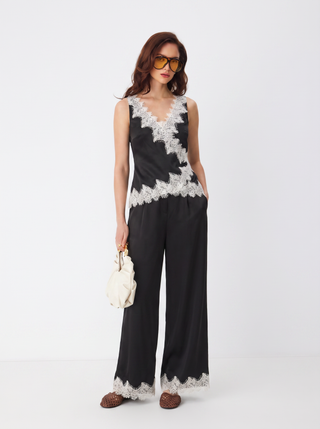 Satin V-Neck Lace Trim Wrap Top & Mid Rise Wide Leg Trousers Set