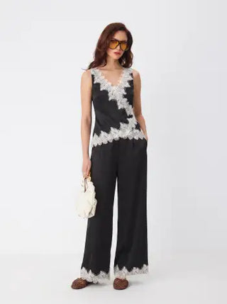 Satin V-Neck Lace Trim Wrap Top & Mid Rise Wide Leg Trousers Set