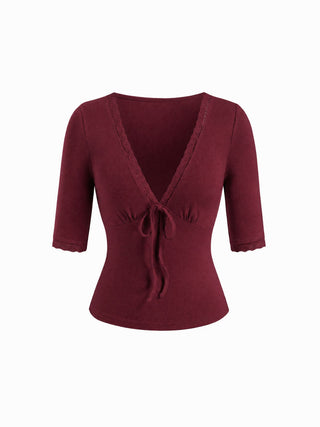 V-neck Middle Sleeve Lace Trim Tie Front Top