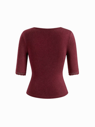 V-neck Middle Sleeve Lace Trim Tie Front Top