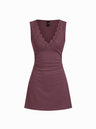Cotton-blend V-neck Lace Trim A-line Mini Dress