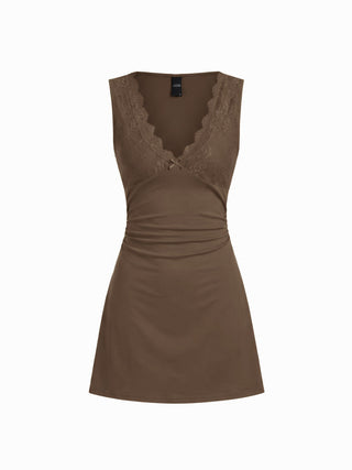 Cotton-blend V-neck Lace Trim A-line Mini Dress