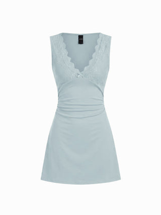 Cotton-blend V-neck Lace Trim A-line Mini Dress