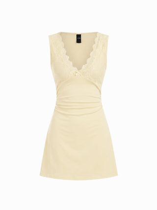 Cotton-blend V-neck Lace Trim A-line Mini Dress