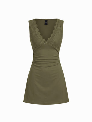 Cotton-blend V-neck Lace Trim A-line Mini Dress