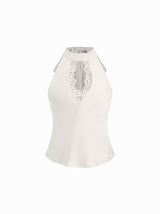 Satin Stand Collar Lace Panel Cut Out Halter Backless Cami Blouse